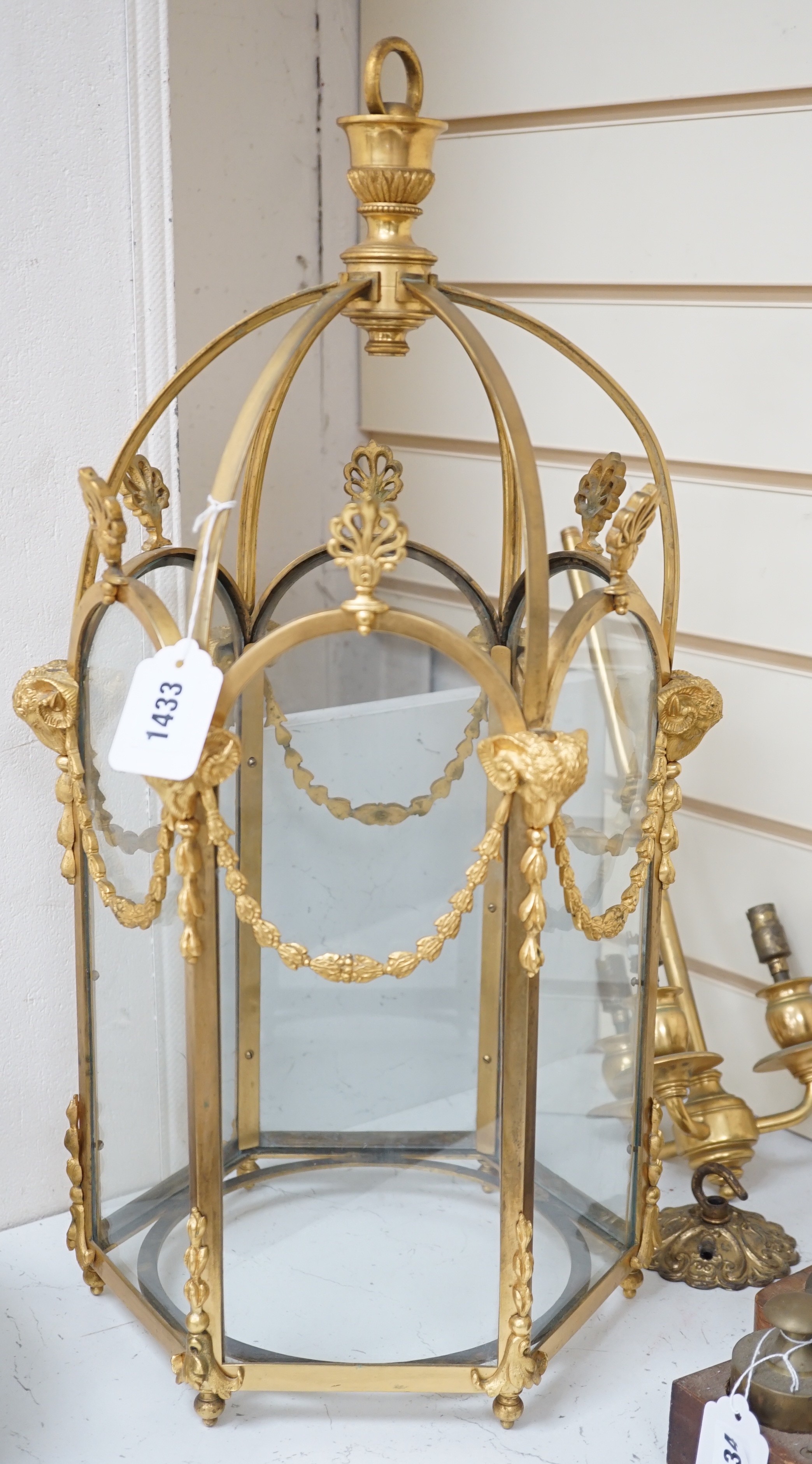 An Adam revival ormolu hall lantern, early 20th century, 58 cm high to suspension loop